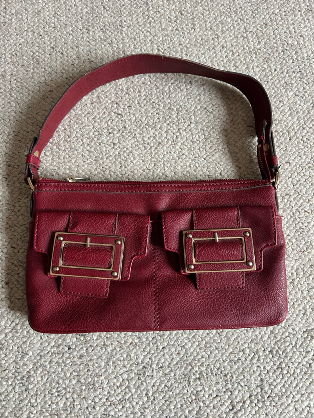 Liz Claiborne Burgundy Leather Shoulder Bag with Gold Buckles